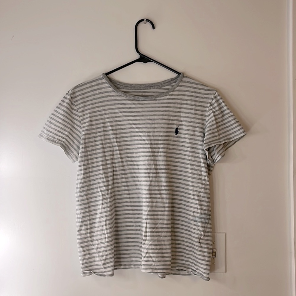 Ralph Lauren striped T- Shirt. Size: Medium, Color: Grey and white